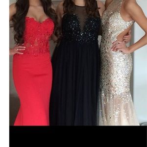 Tony Bowls red lace corset bodice gown.